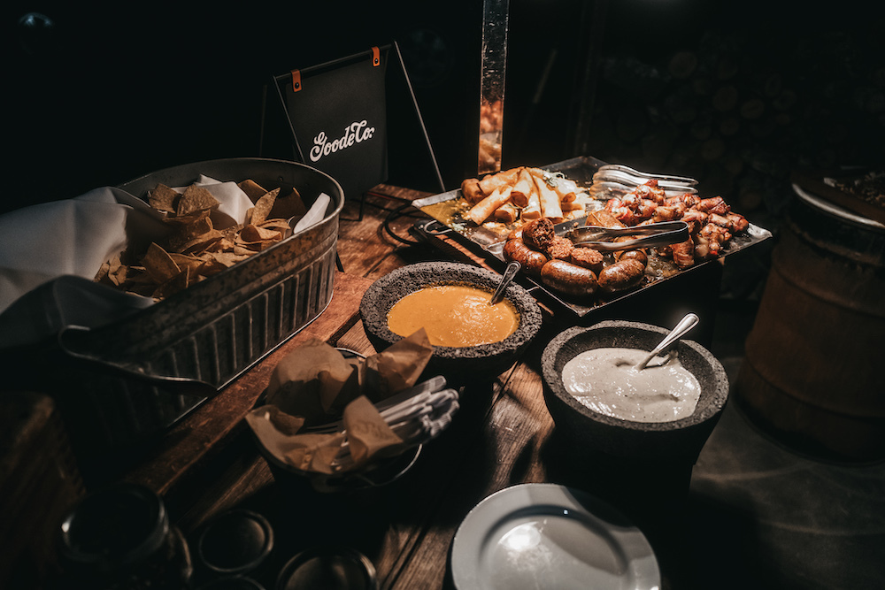 Goode Co. Catering Spread with Chips, Queso & Sausage